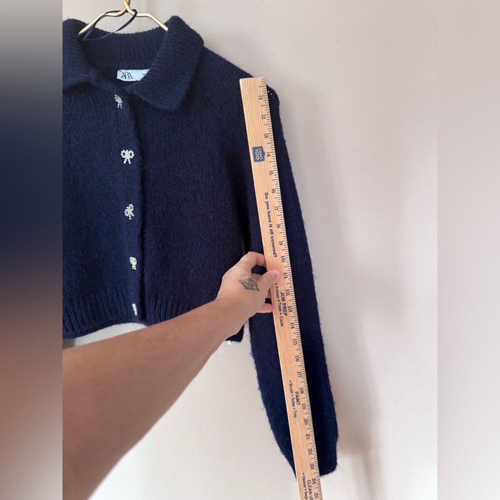 ZARA Cropped Knit Cardigan with Rhinestone Bow Buttons Size S - Picture 9 of 10